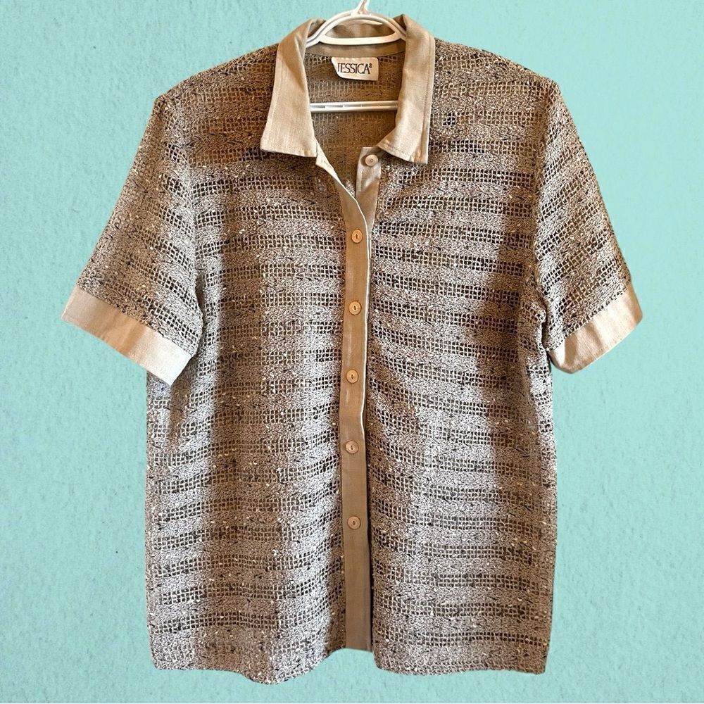 Vintage short sleeve linen mesh button down shirt